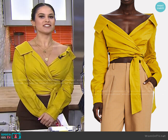 Staud Wiz Off-The-Shoulder Wrap Top worn by Donna Farizan on Today