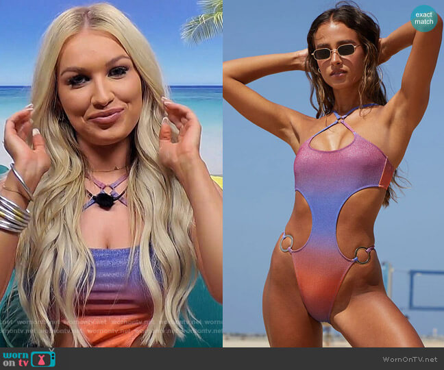 Storm Reid x PacSun Violet Cross Ring Halter One Piece Swimsuit worn by Mady McLanahan on Love Island USA