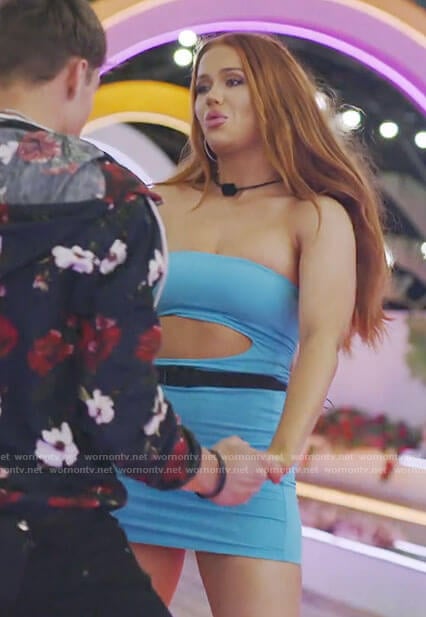 Sydney’s turquoise blue strapless dress with cutout on Love Island USA