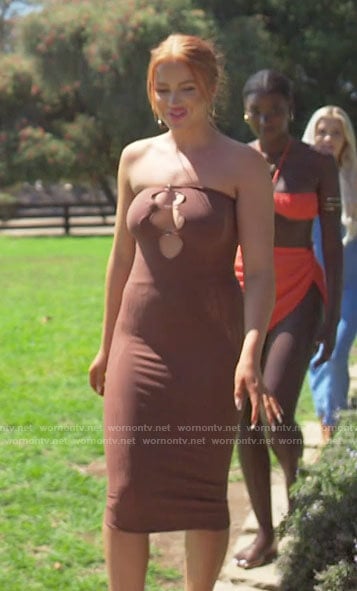Sydney’s brown strapless midi dress with cutouts on Love Island USA