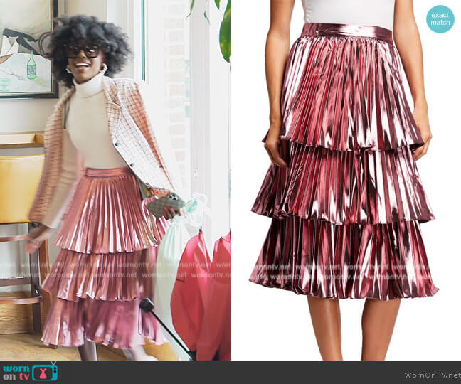 Tanya Taylor Ariana Tiered Metallic Midi Skirt worn by Venita Aspen on Southern Charm