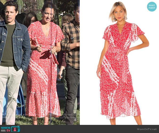 Tanya Taylor New Blaire Dress in Ditsy Floral Stripe Guava worn by Amy (Angelique Cabral) on Maggie