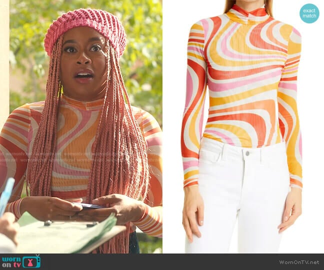 Ted Baker Sarrahh Swirl Stretch Mesh Turtleneck worn by Phoebe (Phoebe Robinson) on Everythings Trash