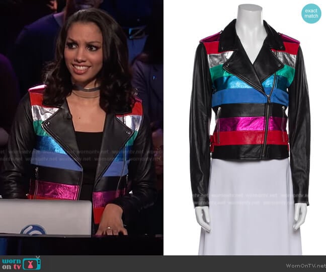 The Mighty Company Leather Printed Biker Jacket worn by Corinne Foxx on Beat Shazam
