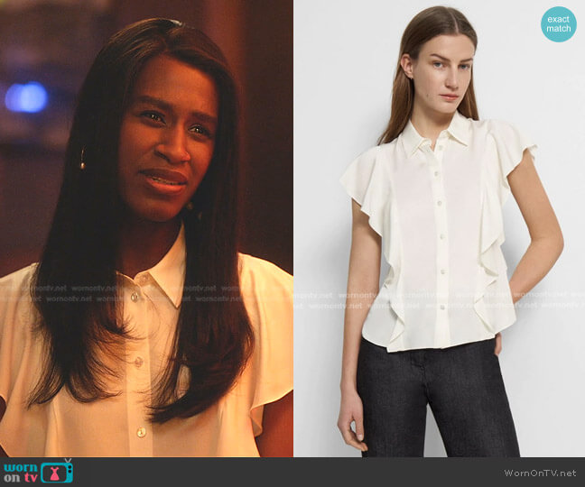 Theory Ruffle Sleeve Silk Blouse worn by Jessie (Nneka Okafor) on Everythings Trash