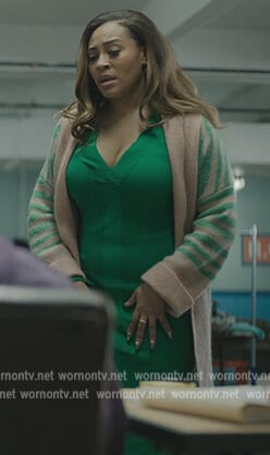 Tracy’s beige tiger stripe cardigan on The Chi
