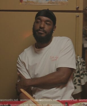 Trig’s white Tastes like Weekend embroidered tee on The Chi