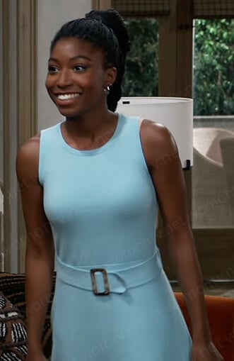 Trina’s blue belted sleeveless dress on General Hospital