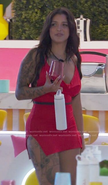 Val’s red cowl neck mini dress on Love Island USA