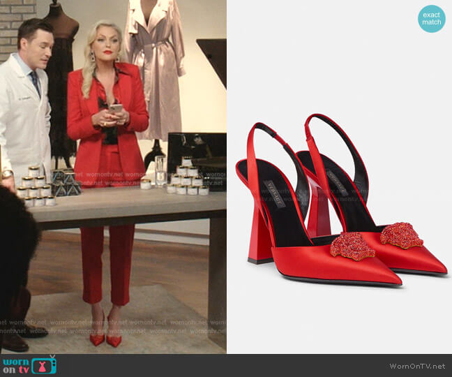 Versace Crystal La Medusa Satin Sling Back Pumps worn by Alexis Carrington (Elaine Hendrix) on Dynasty