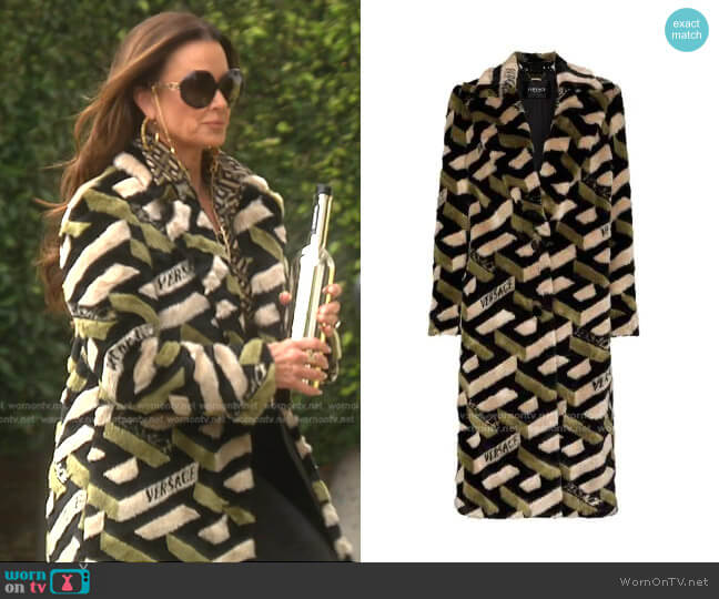Versace Greca Pattern Midi Coat worn by Kyle Richards on The Real Housewives of Beverly Hills