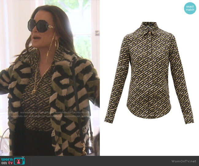 Versace La Greca-Print Silk-Blend Blouse worn by Kyle Richards on The Real Housewives of Beverly Hills