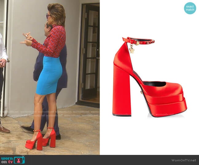 Versace Satin Platform Pumps in Azalea worn by Lisa Rinna on The Real Housewives of Beverly Hills
