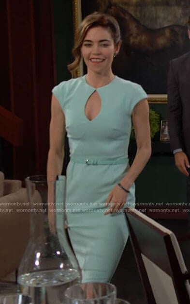 Victoria’s mint green keyhole sheath dress on The Young and the Restless