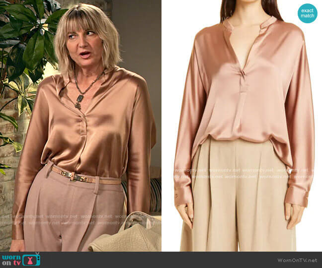 Vince Band Collar Silk Blouse in Blush Cream worn by Maria (Kerri Kenney) on Maggie