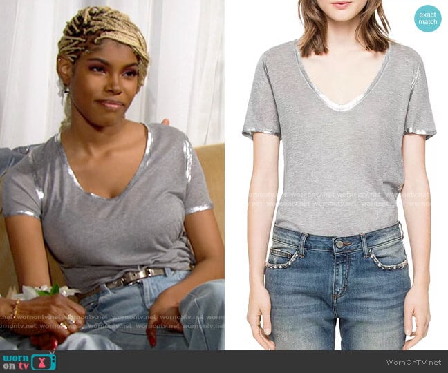 Zadig & Voltaire Tino Foil T-Shirt in Light Gray worn by Paris Buckingham (Diamond White) on The Bold and the Beautiful