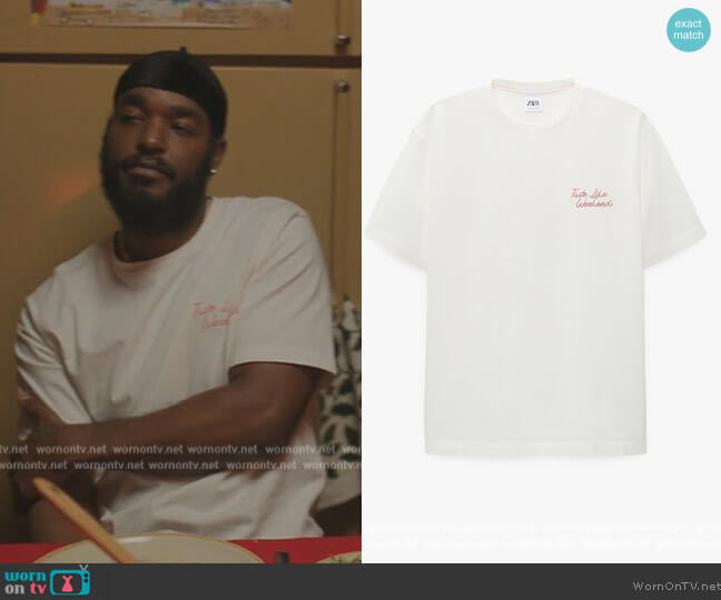Zara Embroidered Text T-Shirt worn by Trig (Luke James) on The Chi