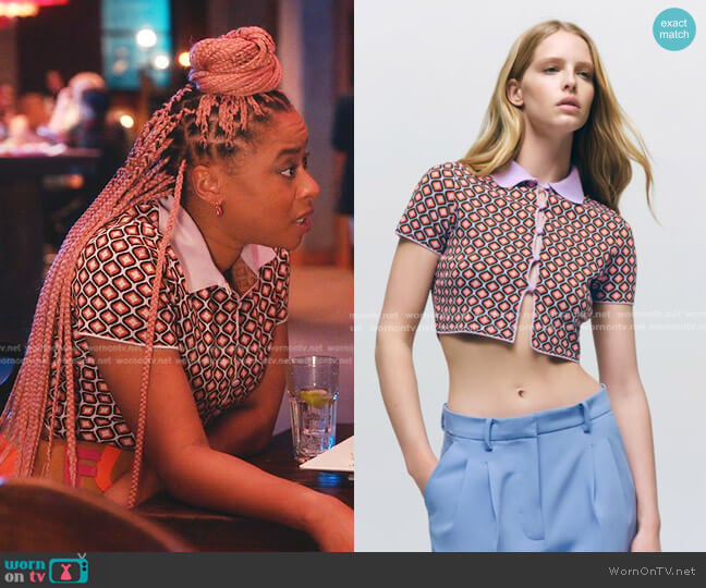 Zara Geometric Knit Jacquard Polo Sweater worn by Phoebe (Phoebe Robinson) on Everythings Trash