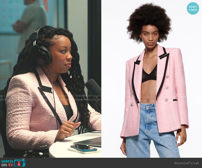 Zara Textured Blazer with Contrast Piping worn by Malika (Toccarra Cash) on Everythings Trash