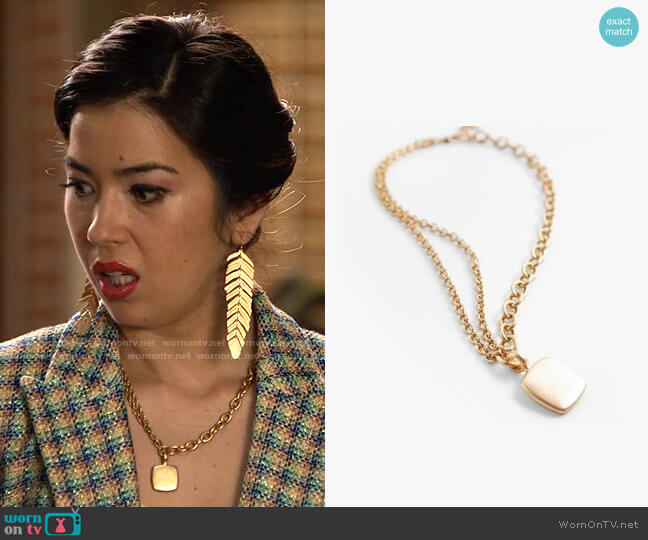 Zara Square Charm Pendant Necklace worn by Louise (Nichole Sakura) on Maggie