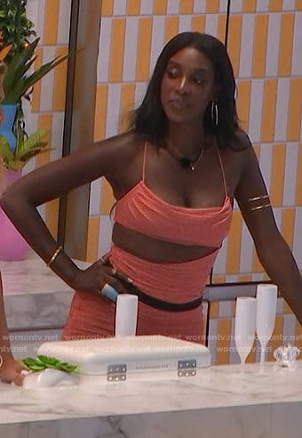 Zeta’s coral ruched cutout waist dress on Love Island USA