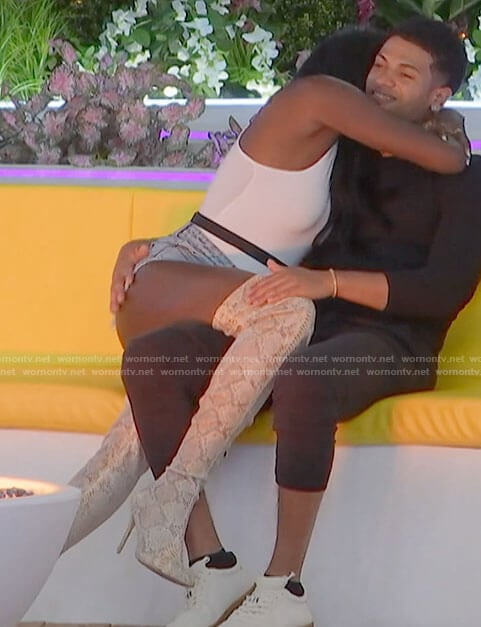Zeta’s snake print over the knee boots on Love Island USA