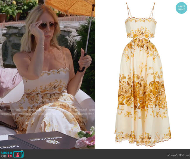 Zimmermann Aliane floral linen midi dress worn by Vicki Gunvalson on The Real Housewives Ultimate Girls Trip