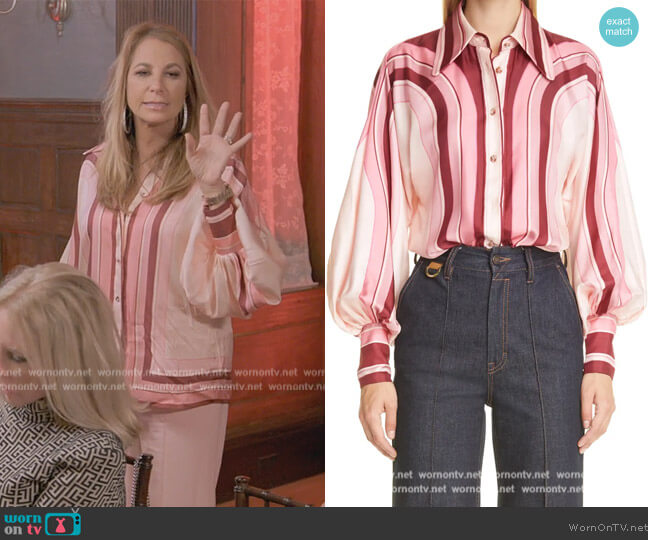 Zimmermann Concert Poet Print Balloon Sleeve Silk Blouse worn by Jill Zarin on The Real Housewives Ultimate Girls Trip
