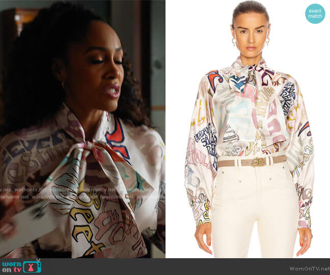 Zimmermann Ladybeetle Word Blouse worn by Lola Carmichael (Simone Missick) on All Rise
