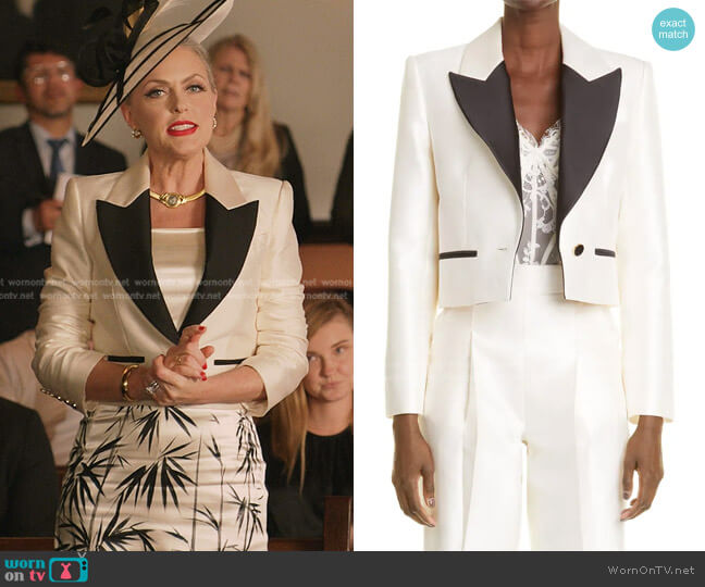 Zimmermann Zimmerman Dancer Wool & Silk Crop Tuxedo Jacket worn by Alexis Carrington (Elaine Hendrix) on Dynasty