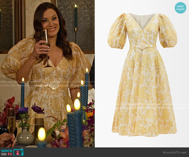 Zimmermann Postcard Dress in Yellow Tonal Floral worn by Amy (Angelique Cabral) on Maggie