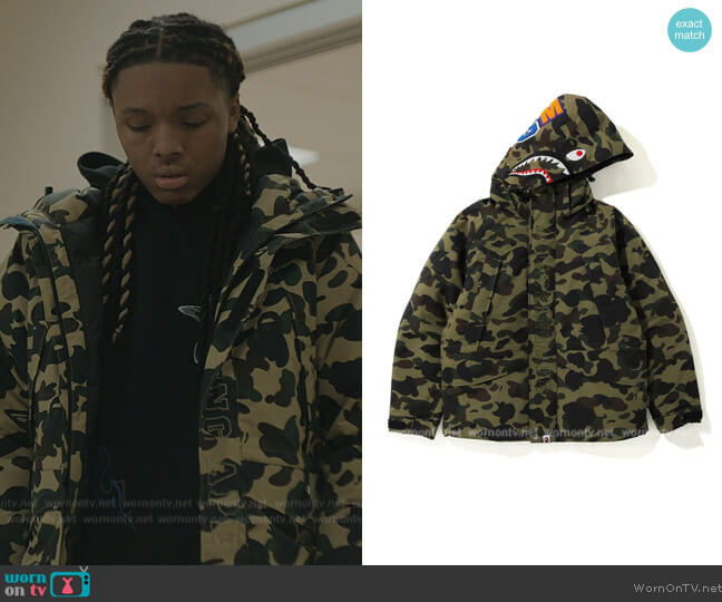 Bape 1st Camo Snowboard Down Jacket worn by Jake (Michael Epps) on The Chi