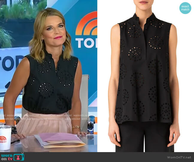 Akris Punto Embroidered Eyelet Cotton Sleeveless Blouse worn by Savannah Guthrie on Today