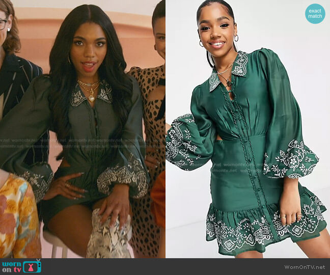 Asos Embrodiered Voile Cut Out Mini Dress with Button Front and Collar Detail worn by Zelda Grant (Teala Dunn) on Good Trouble