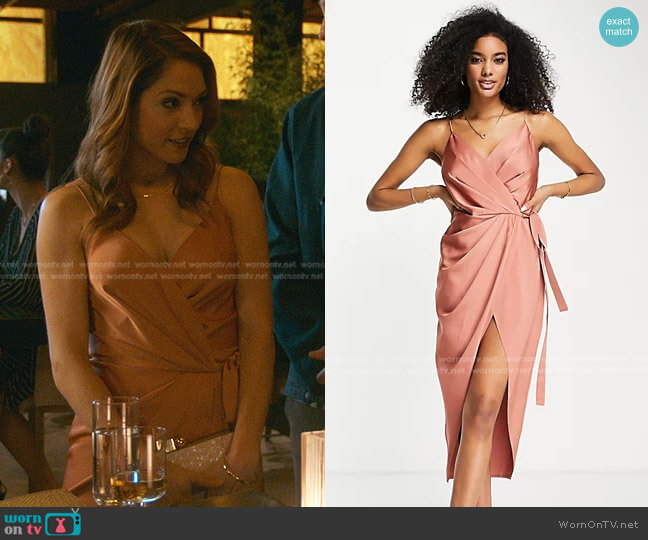 Asos Midi Wrap Satin Dress with Drape Detail worn by Ryan Jones (Brooke Nevin) on Good Trouble
