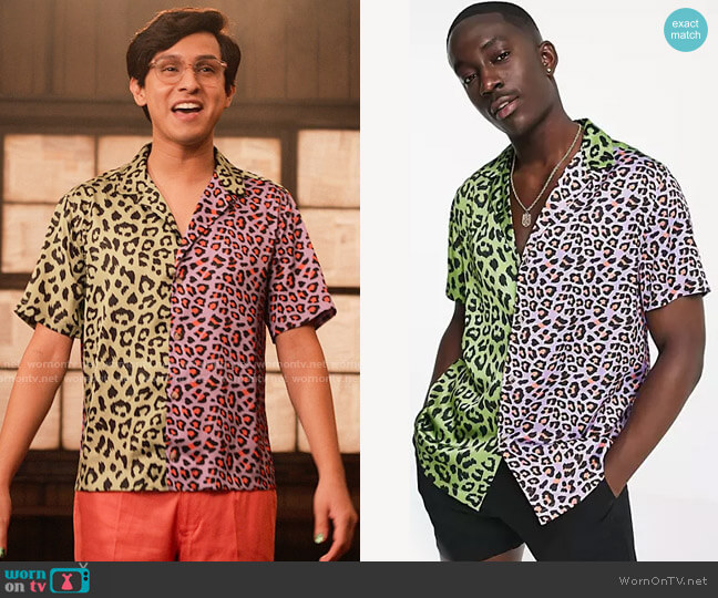 ASOS DESIGN Relaxed Revere Shirt in Color Block Leopard Print worn by Carlos Rodriguez (Frankie A. Rodriguez) on High School Musical The Musical The Series