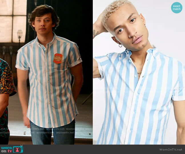 ASOS Design Stretch Slim Oxford Stripe Shirt in Blue worn by EJ (Matt Cornett) on High School Musical The Musical The Series