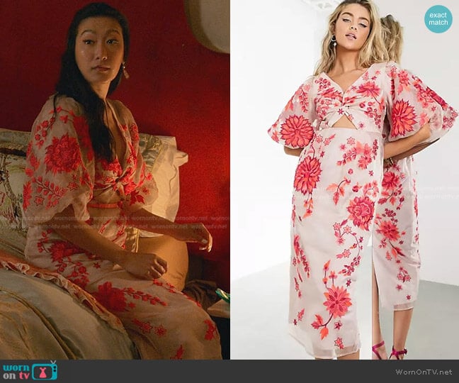 Asos Embroidered Organza Midi Dress with Puff Sleeves worn by Sumi (Kara Wang) on Good Trouble
