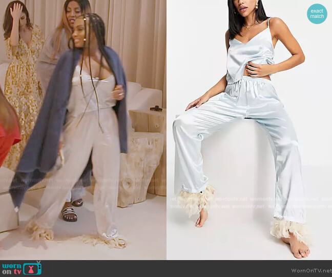ASOS Night satin cami pajama set with detachable faux feather trim in aqua worn by Lesa Milan (Lesa Milan) on The Real Housewives of Dubai