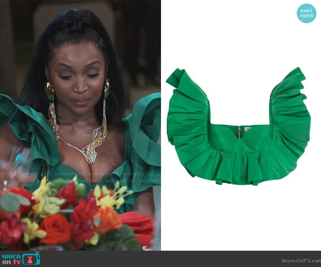 Alexander McQueen Faille Corset ruffled bra top worn by Marlo Hampton on The Real Housewives of Atlanta
