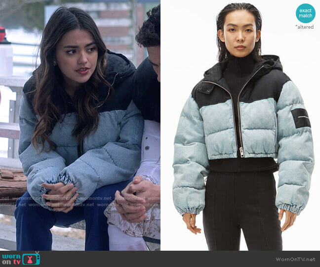 Alexander Wang Cropped Puffer Jacket in Denim worn by Noa Olivar (Maia Reficco) on Pretty Little Liars Original Sin