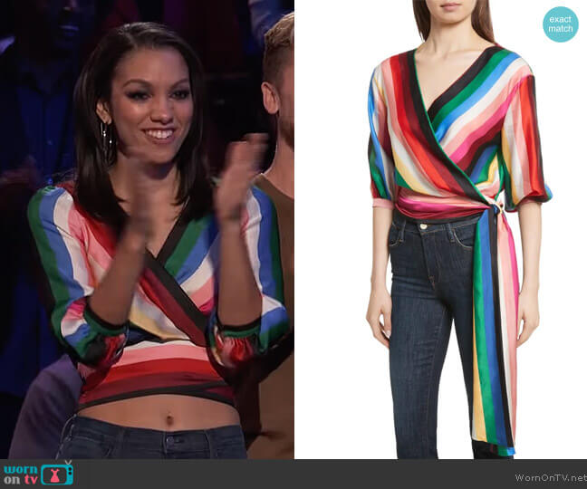 Alice + Olivia Dyanna Wrap Front Blouson Top worn by Corinne Foxx on Beat Shazam