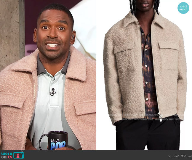 All Saints Bobby Bouclé Wool Jacket worn by Justin Sylvester on E! News