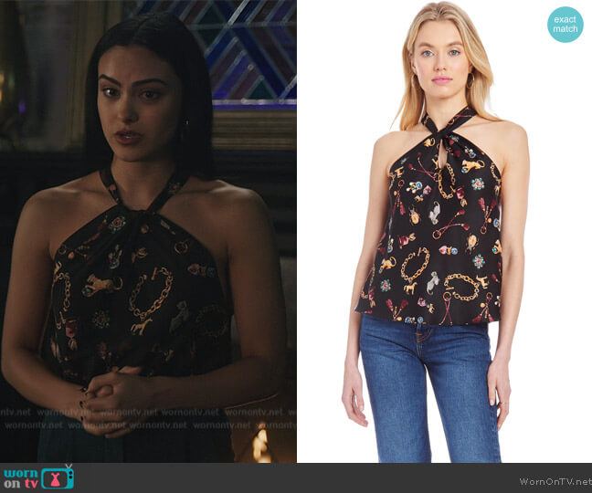 Amanda Uprichard Wanda Top in Charm Print worn by Veronica Lodge (Camila Mendes) on Riverdale