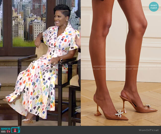 Amina Muaddi Rosie Crystal Bow Slingback Pumps worn by Tamron Hall on Live with Kelly and Mark