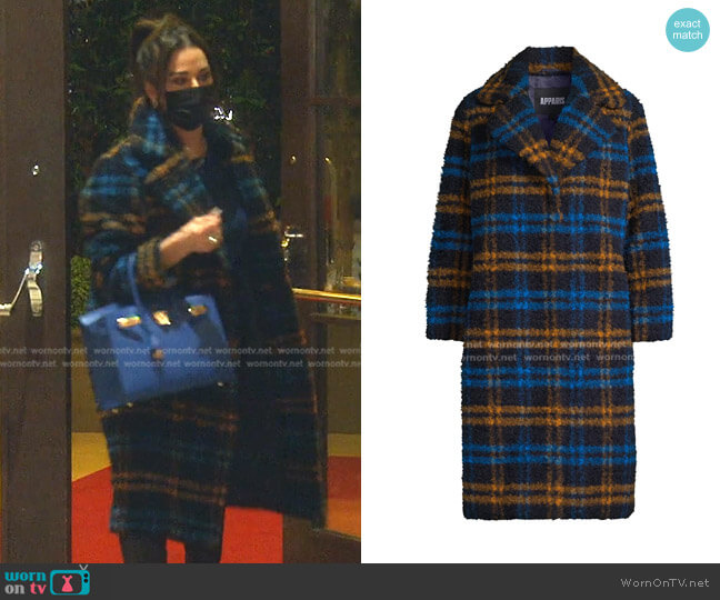 Apparis Tikka Plaid Check-Pattern Coat worn by Kyle Richards on The Real Housewives of Beverly Hills