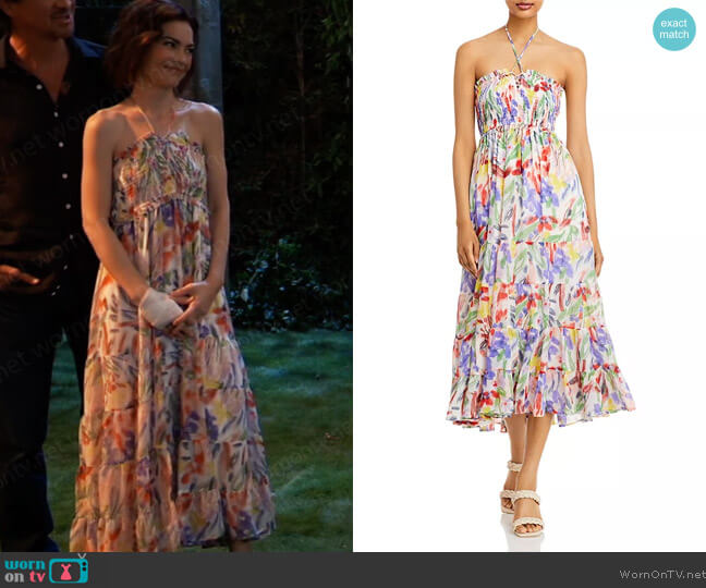 Aqua Brushstroke Floral Print Midi Dress worn by Elizabeth Webber (Rebecca Herbst) on General Hospital