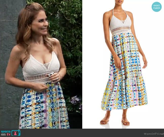Aqua Printed Crochet Trim Halter Midi Dress worn by Olivia Falconeri (Lisa Lo Cicero) on General Hospital