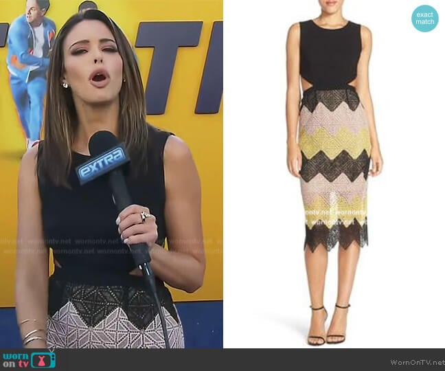 BCBGMAXAZRIA Ariela Colorblock Lace Midi Dress worn by Jennifer Lahmer on Extra