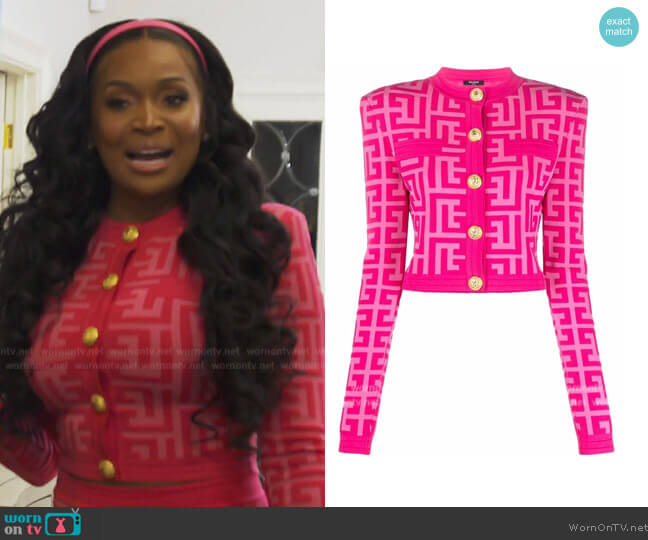 Balmain x Barbie monogram-print cardigan worn by Marlo Hampton on The Real Housewives of Atlanta